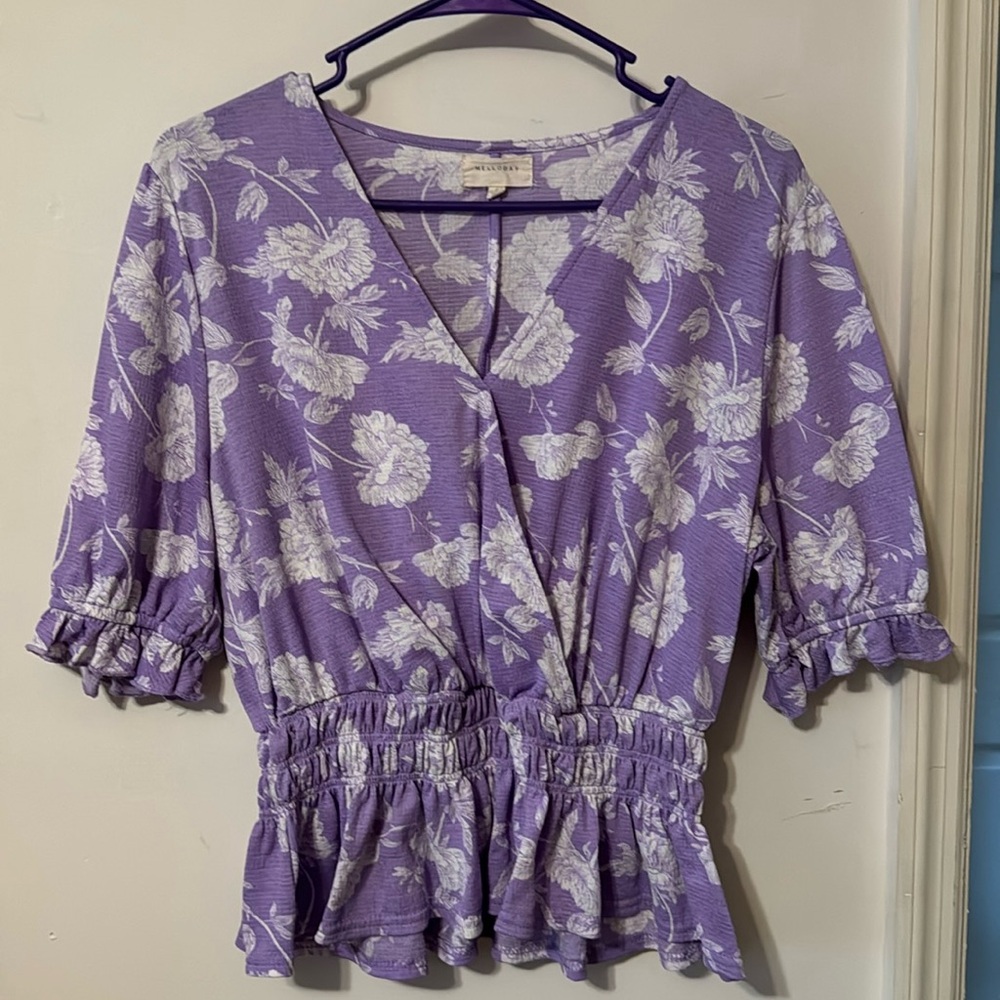 Melloday purple white floral faux wrap front blouse